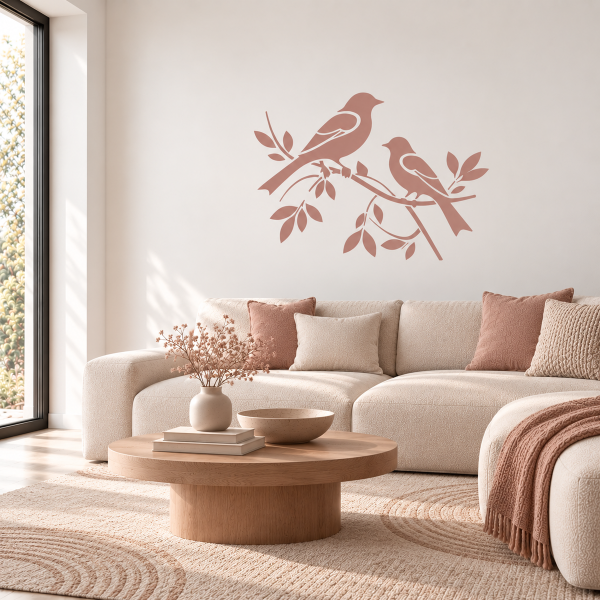 Soft dusty pink two birds on a branch wall stencil displayed above a cream sofa in an elegant neutral living room. 