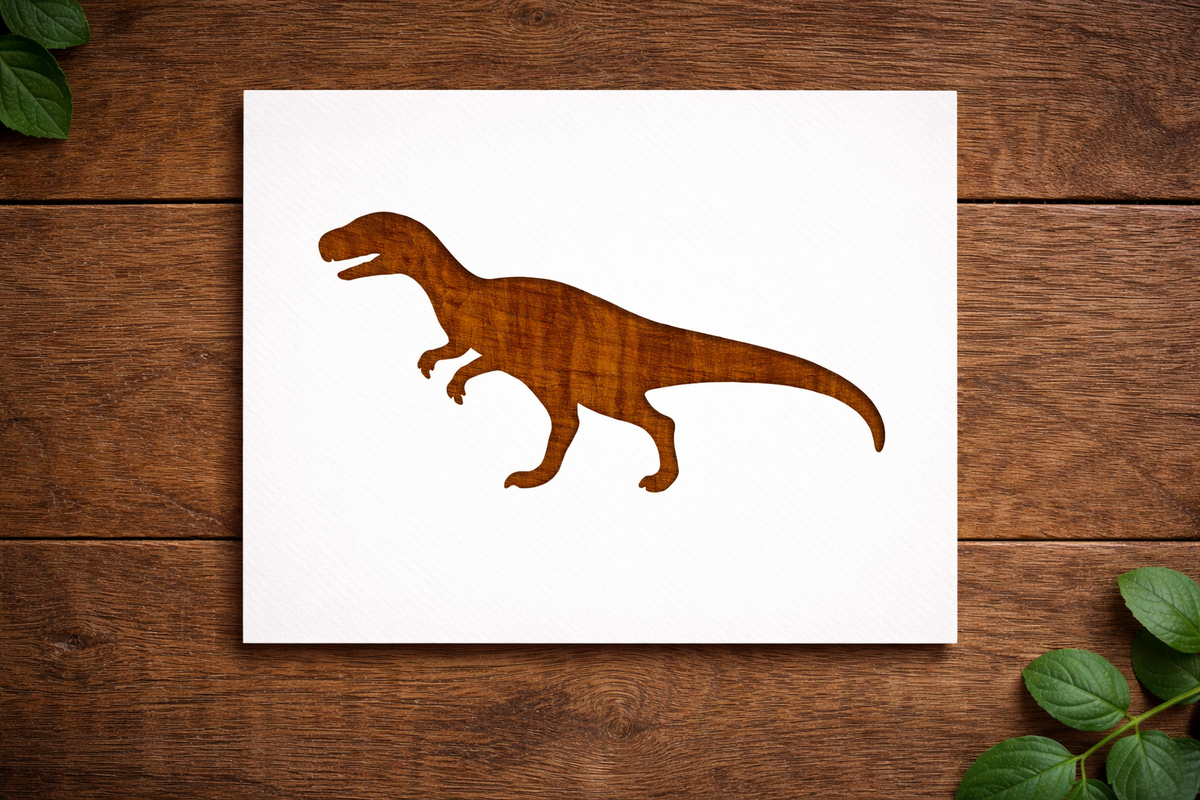 Reusable Tyrannosaurus Rex dinosaur stencil made from 300 micron Mylar plastic on wooden background.
