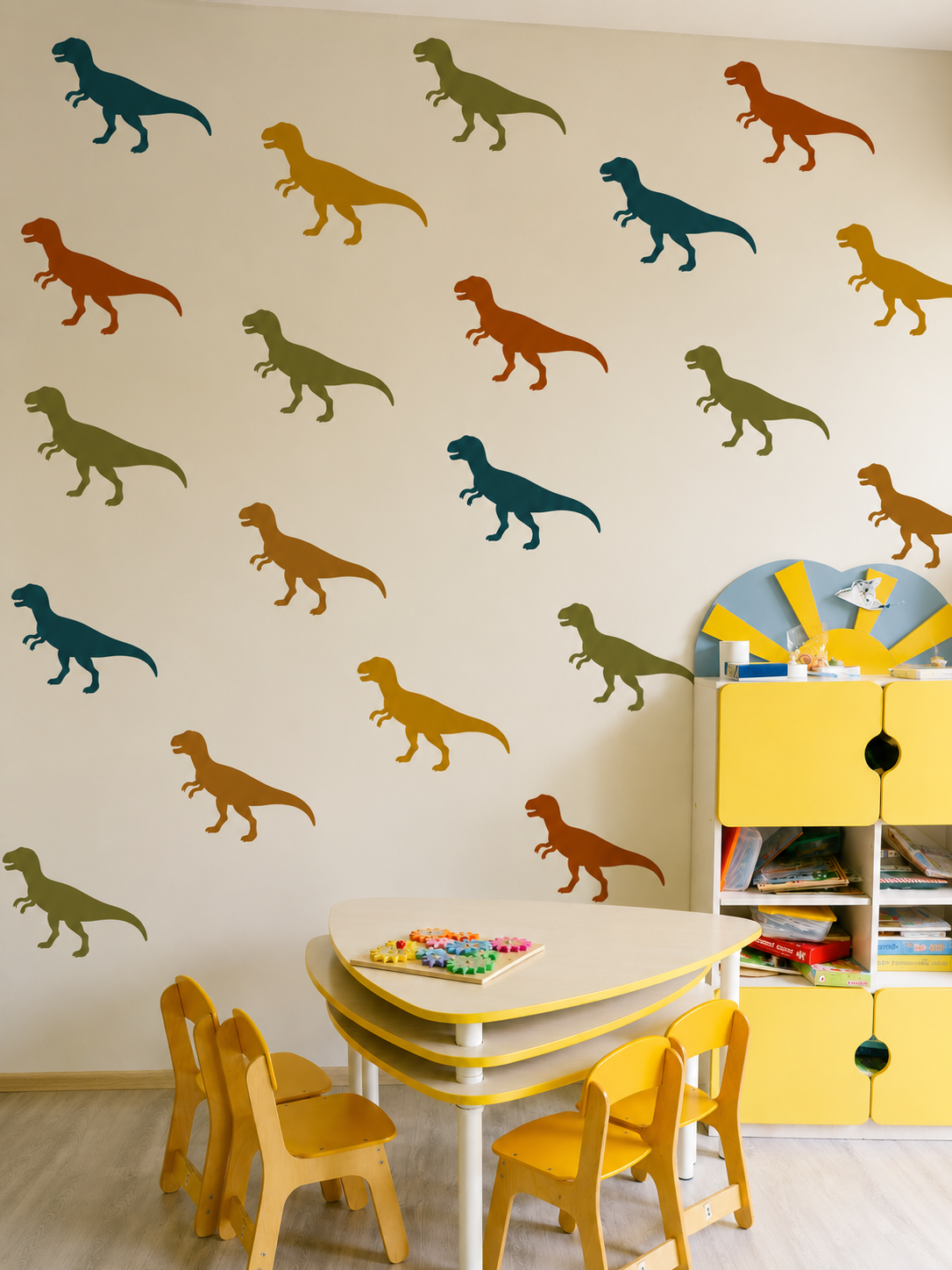 Colorful Tyrannosaurus Rex dinosaur wall stencil pattern in a modern kids playroom with mustard yellow furniture, small activity table, and playful dinosaur-themed decor in teal, olive, mustard, and rust tones.