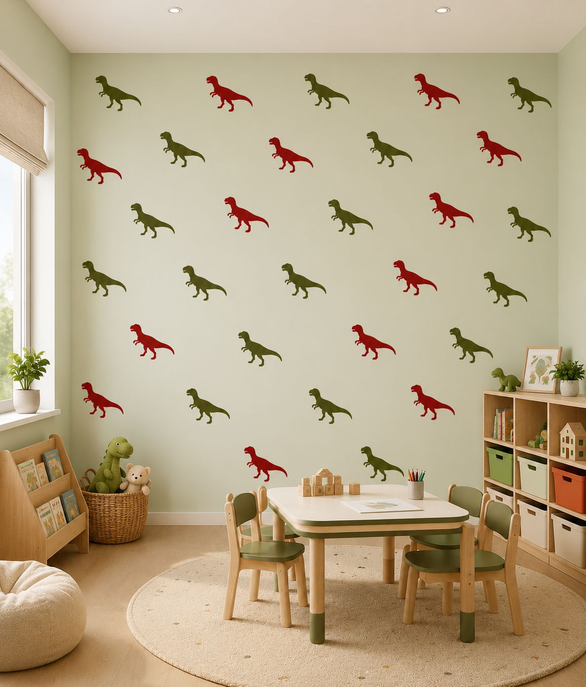 Red and olive green Tyrannosaurus Rex dinosaur wall stencil pattern in a neutral Montessori-inspired playroom with wooden furniture, kids craft table, woven textures, and dinosaur-themed decor.