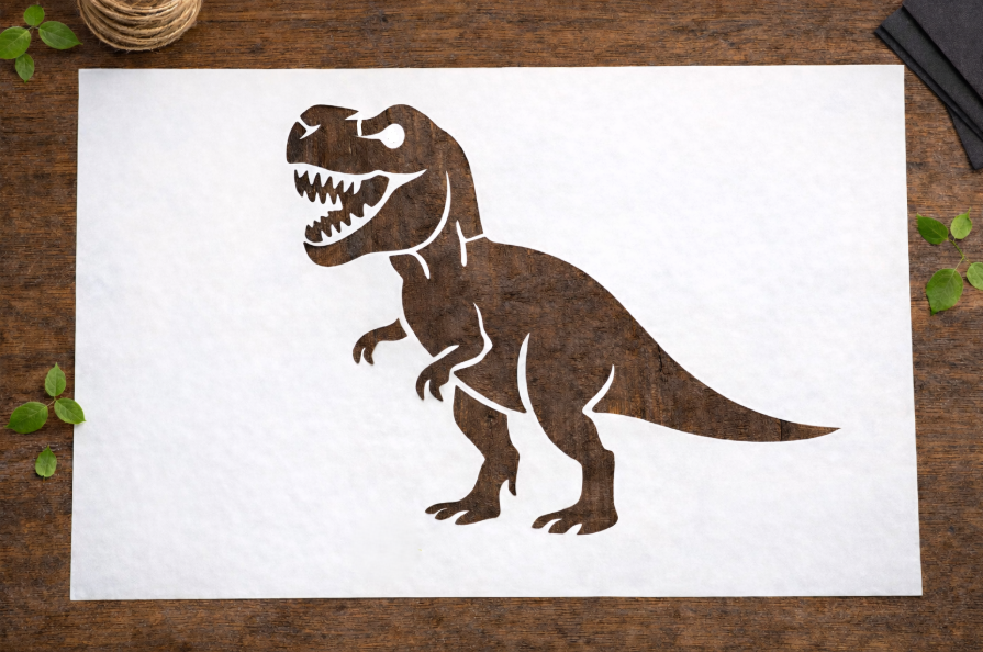 Tyrannosaurus Rex dinosaur wall stencil design on white stencil sheet placed on wooden background.