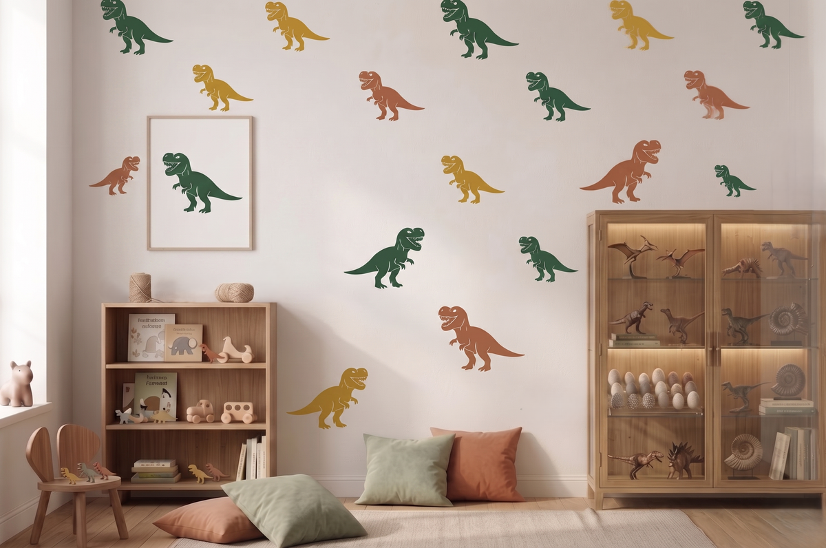 Colorful Tyrannosaurus rex wall stencil pattern decorating a modern kids playroom with repeated dinosaur silhouettes in earthy tones, wooden toys, dinosaur collectibles, and Scandinavian-inspired nursery decor.