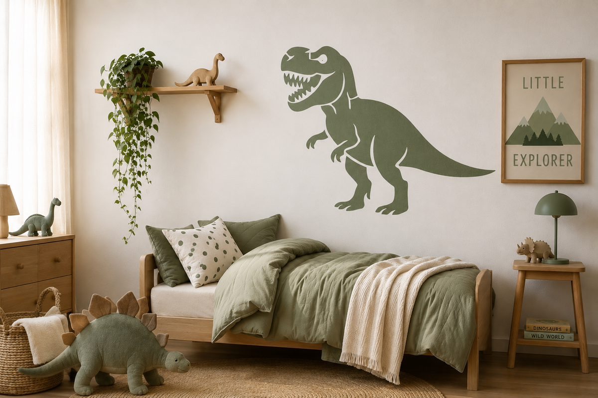 Tyrannosaurus Rex wall stencil in soft sage green decorating a modern kids dinosaur bedroom with wooden furniture, neutral nursery decor, dinosaur toys, Scandinavian styling, and cozy earthy tones.