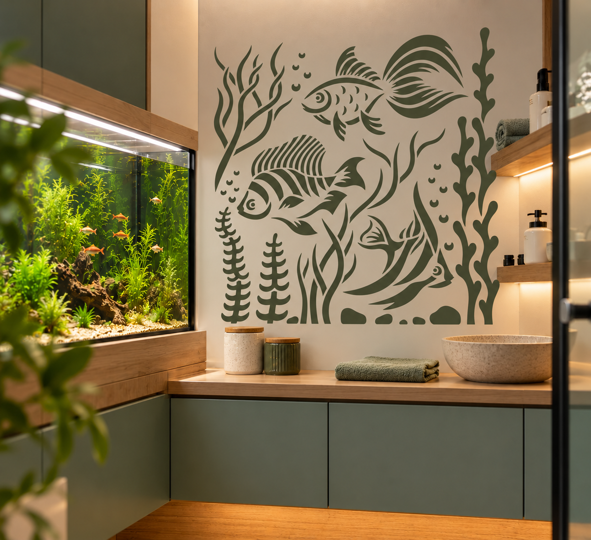Underwater Fish Stencil with tropical fish and aquatic plants displayed beside an aquarium in a modern interior.