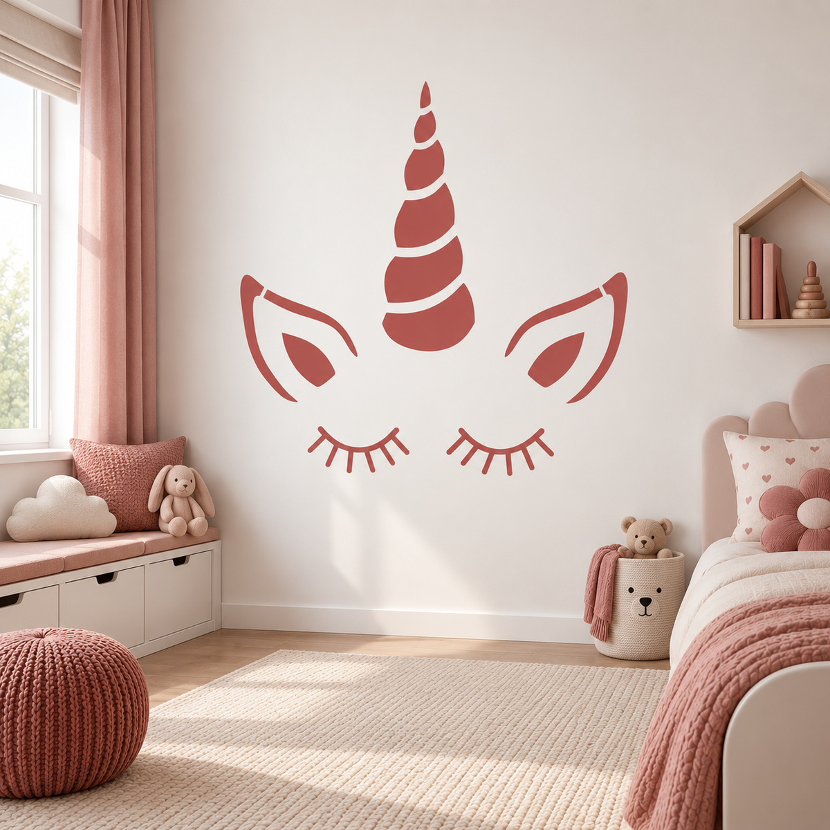 Pink unicorn wall stencil with closed eyes in a soft modern kids’ bedroom.