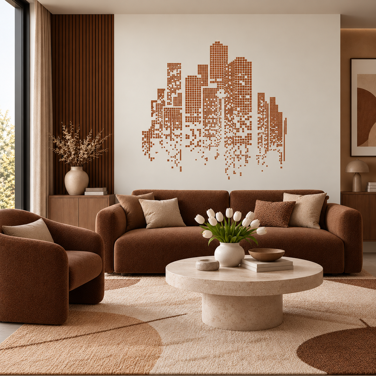 Terracotta city skyline stencil featuring pixelated high-rise buildings on a white wall above a brown sofa in a contemporary living room.