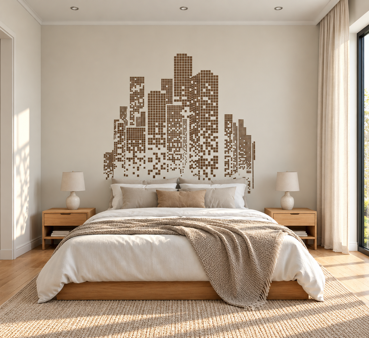 Brown pixelated city skyline stencil above a wooden bed in a bright neutral bedroom with minimalist decor.