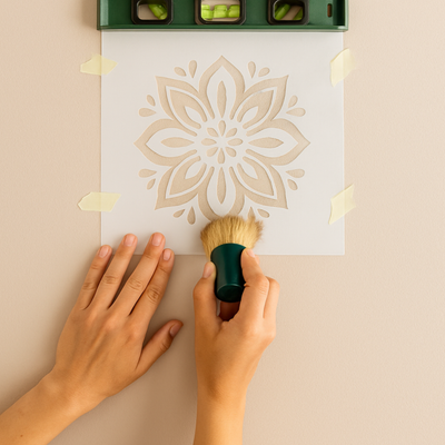 Person applying a stencil on the wall for a DIY painting project