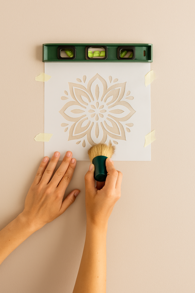 Person applying a stencil on the wall for a DIY painting project
