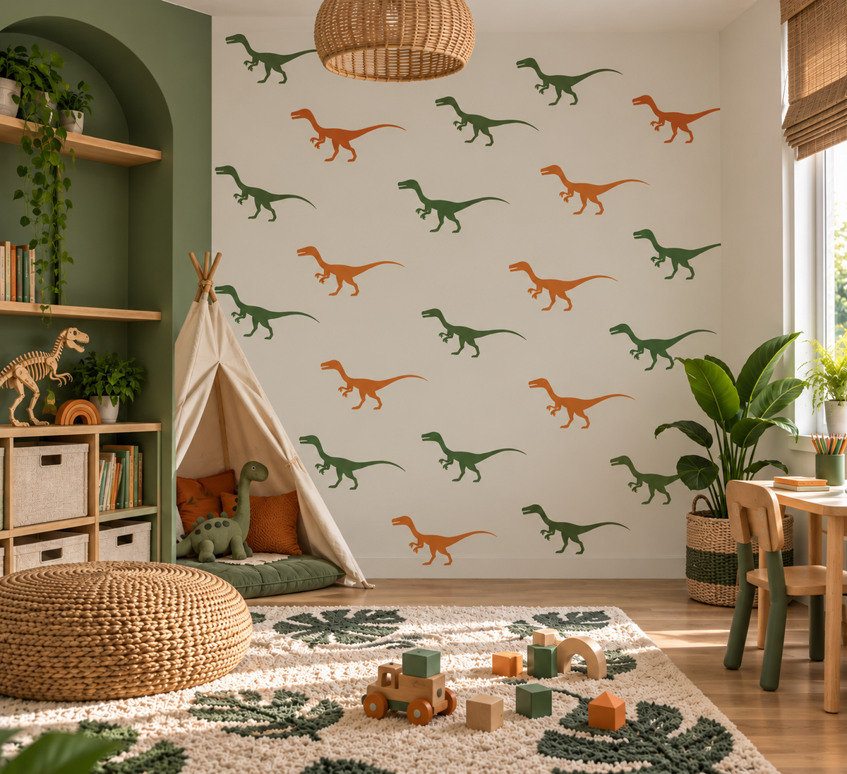 Green and orange Velociraptor dinosaur stencil pattern on a light wall in a cozy modern kids’ playroom with natural wood decor.