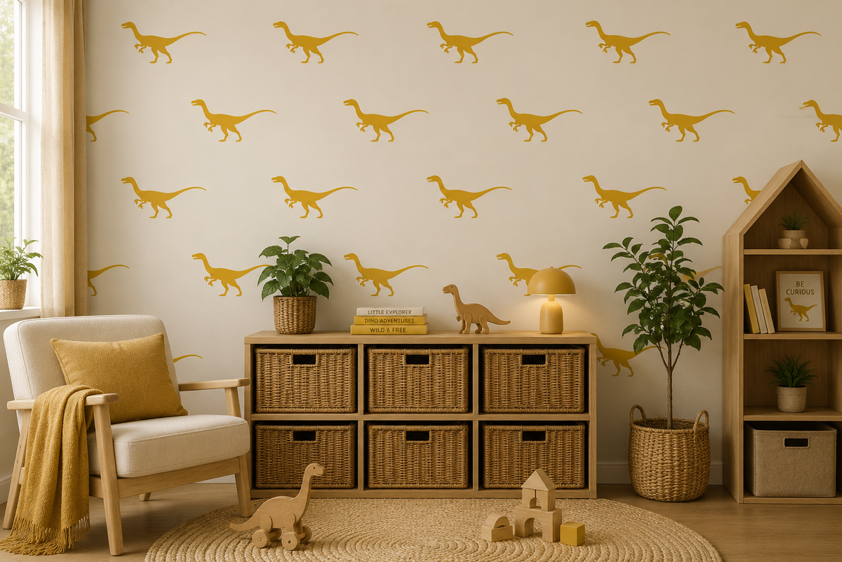 Mustard yellow velociraptor dinosaur wall stencil pattern in a neutral style playroom with wicker baskets, wooden toys, natural textures, and cozy dinosaur-themed decor.