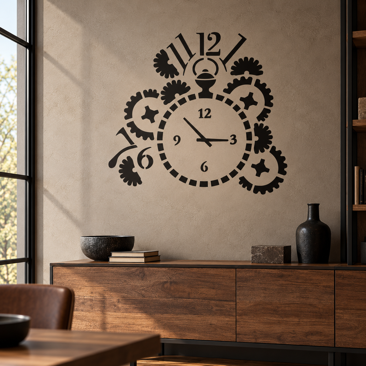 Vintage Clock Stencil in black with decorative gears on a textured beige wall above a wooden sideboard in a modern interior.