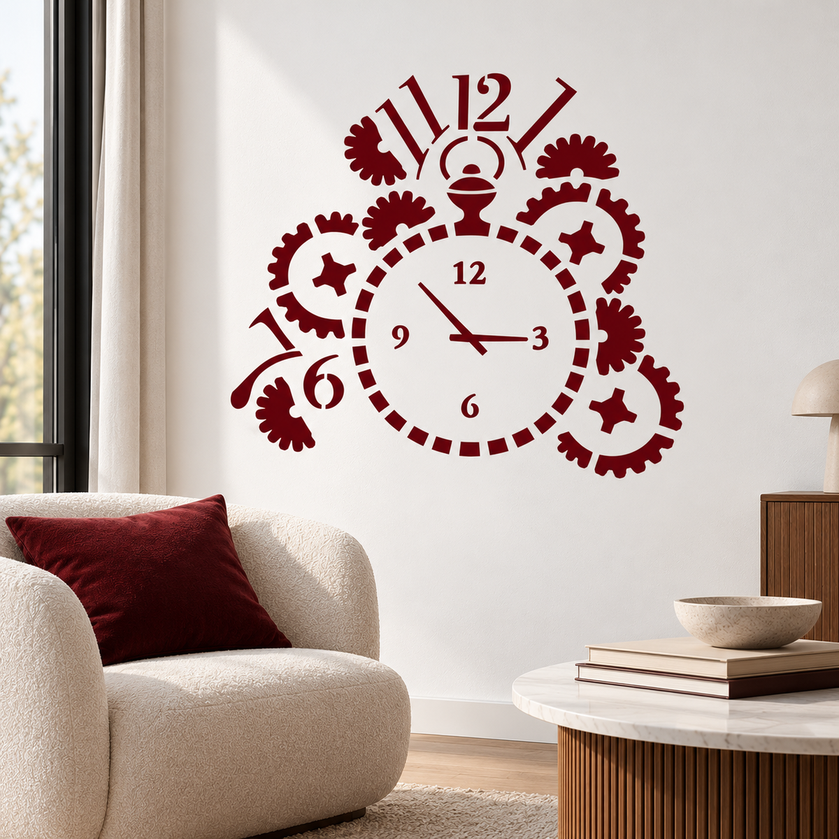 Vintage Clock Stencil in burgundy red on a white wall beside a cream armchair in a contemporary living room.