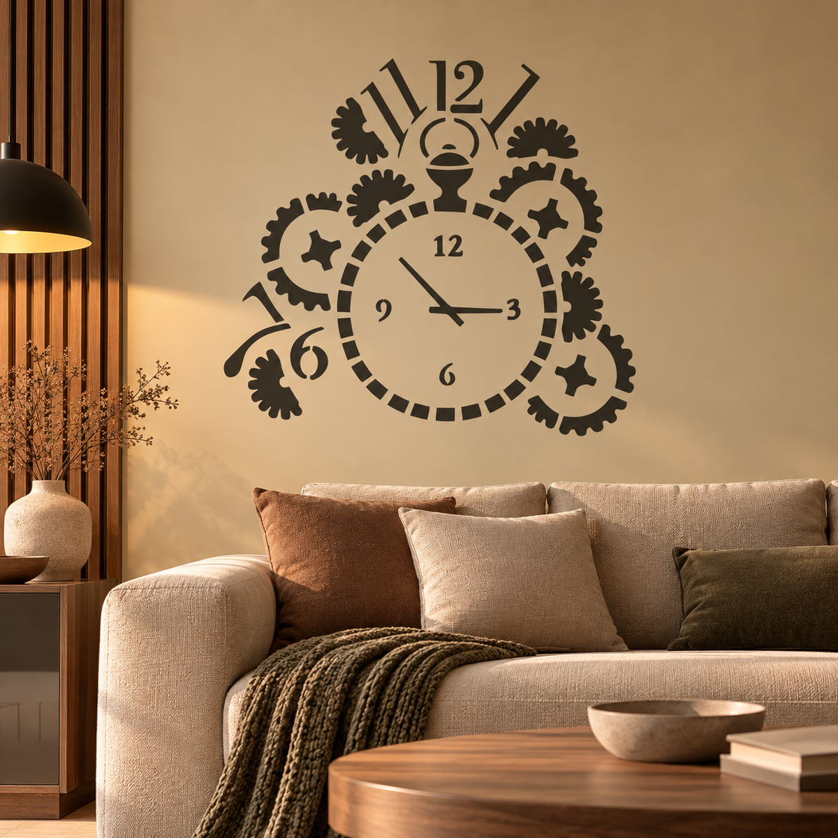 Vintage Clock Stencil in dark charcoal with decorative gears on a warm beige wall above a cream sofa in a cozy living room.
