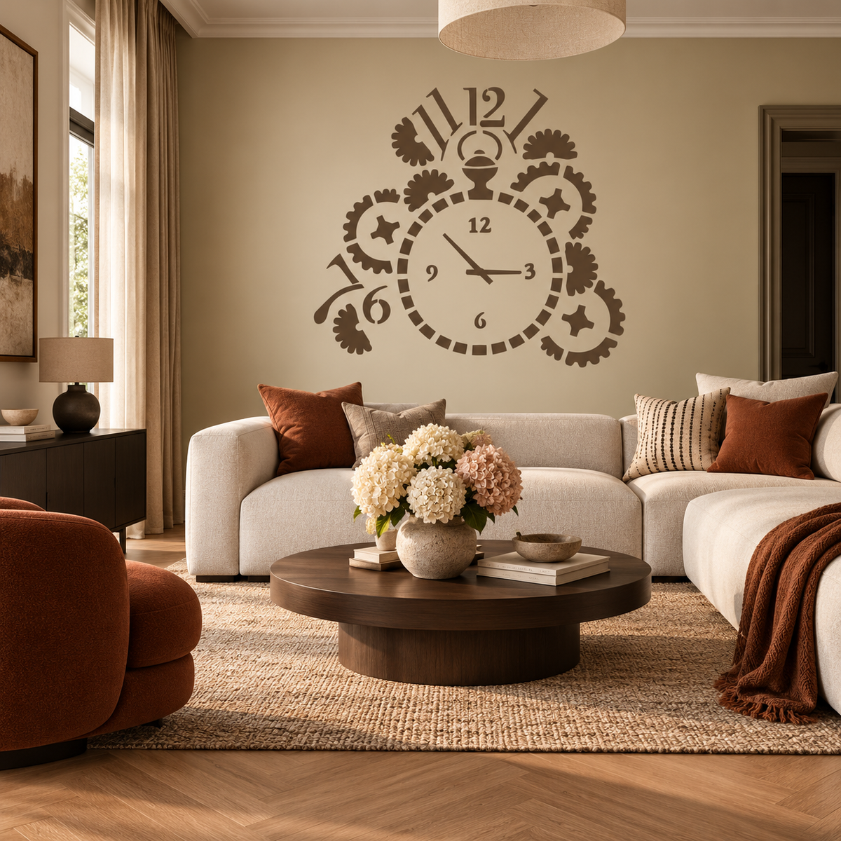 Vintage Clock Stencil in warm brown on a neutral wall above a cream sectional sofa in an elegant living room.