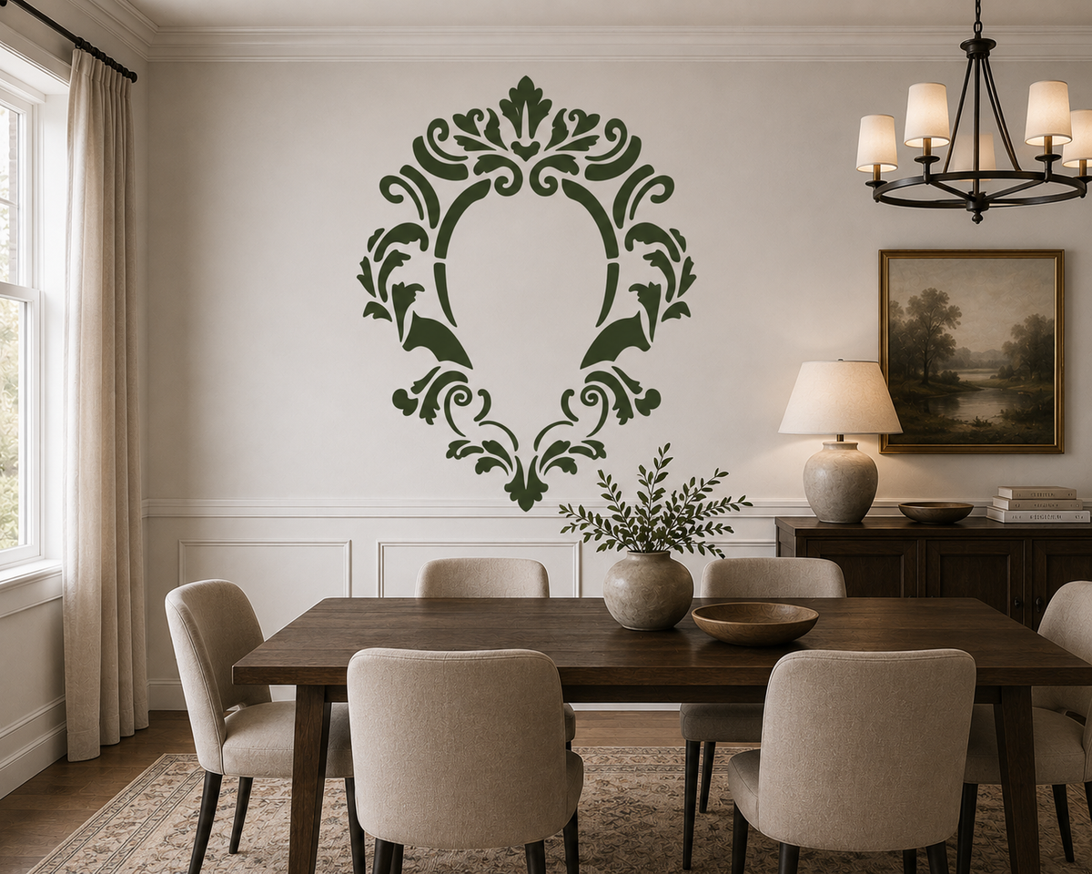 Vintage decorative frame stencil with ornate floral details creating an elegant dining room wall accent