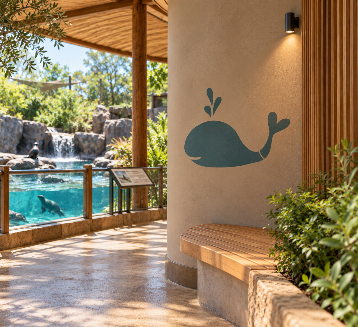  Whale Stencil in dark blue on a neutral wall in an aquarium inspired interior