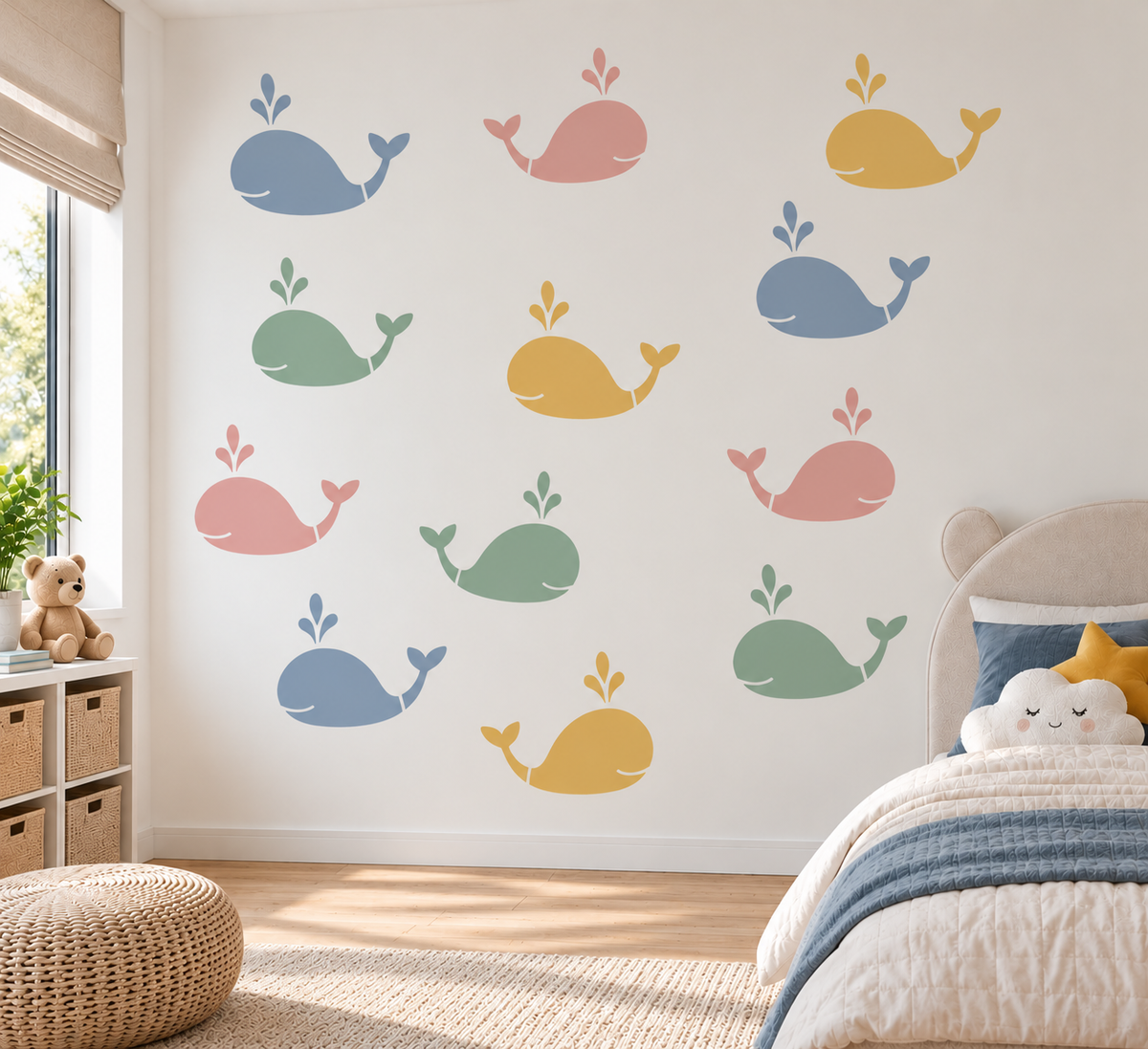 Whale Stencil in pastel blue, pink, green and yellow on a white wall in a kids bedroom