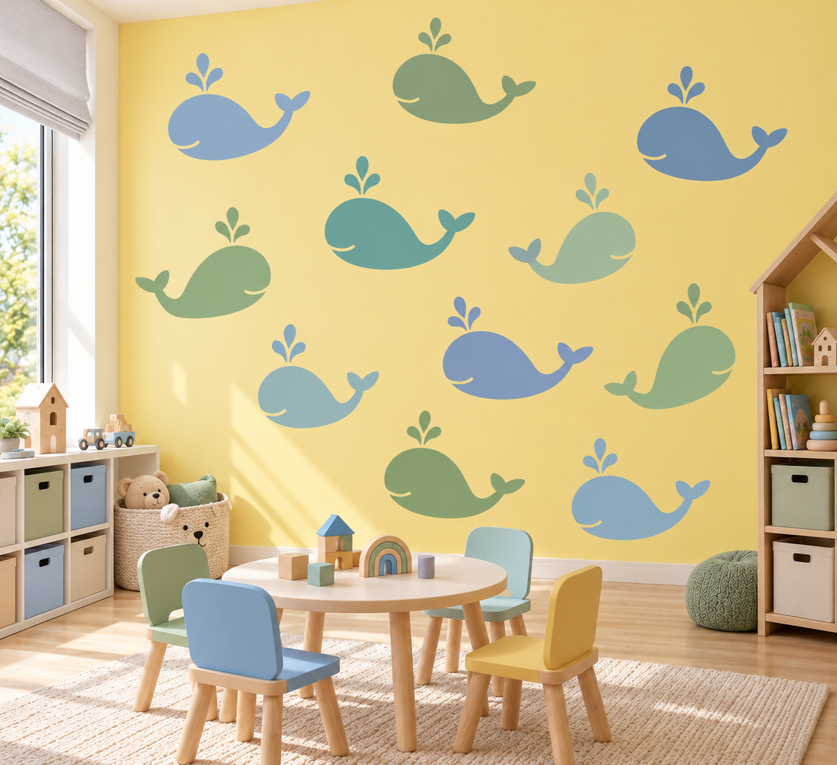  Whale Stencil in blue and green on a yellow wall in a colorful kids playroom