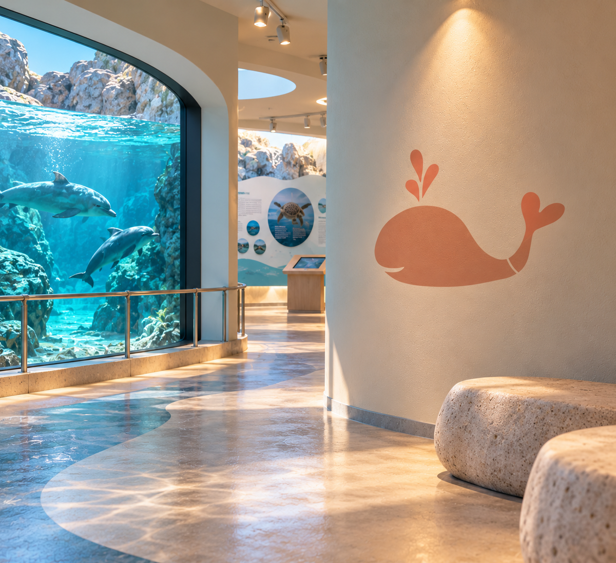  Whale Stencil in coral on a neutral wall in a modern aquarium interior