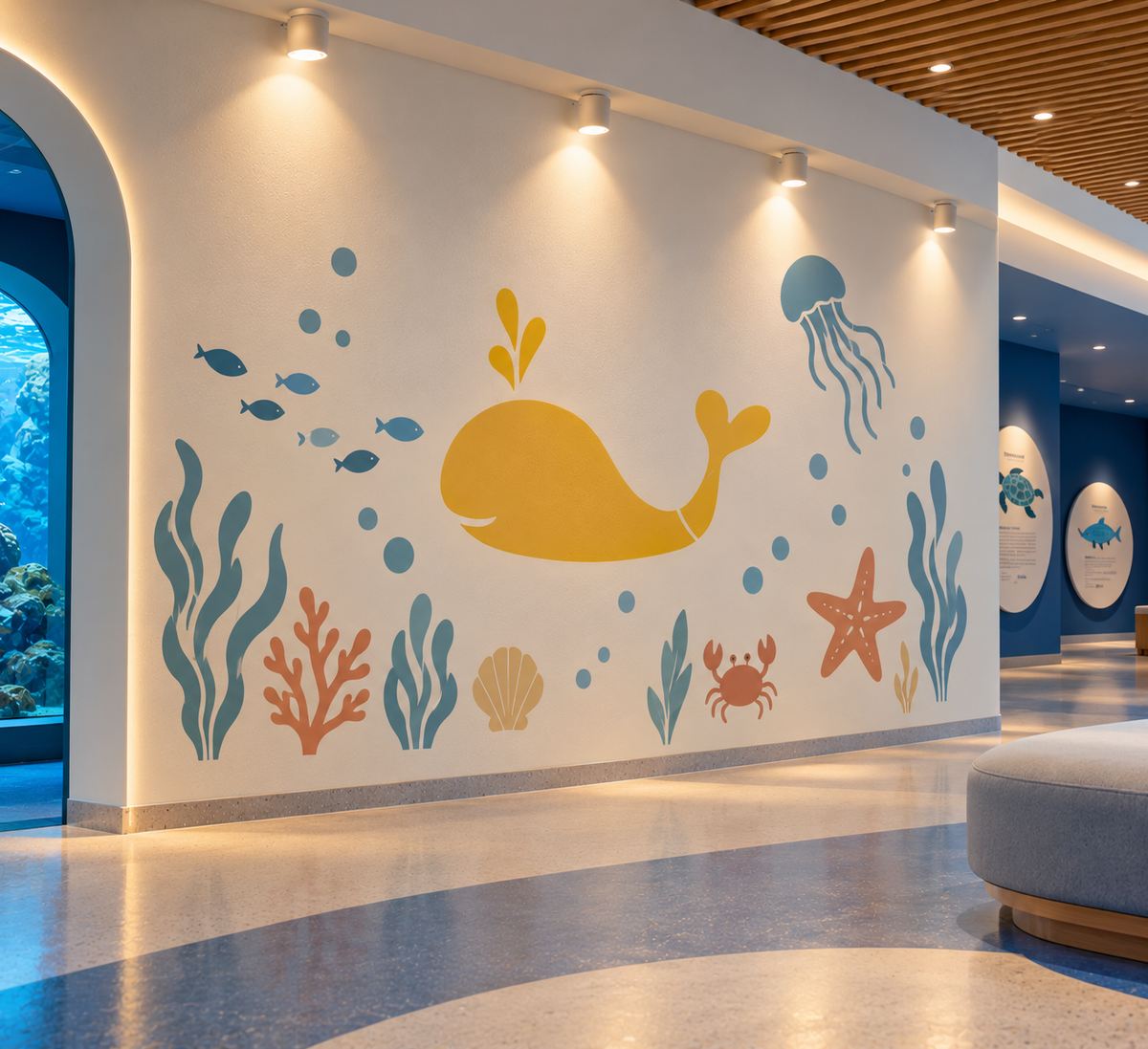 Whale Stencil in yellow with colorful sea life on a wall in a modern aquarium interior