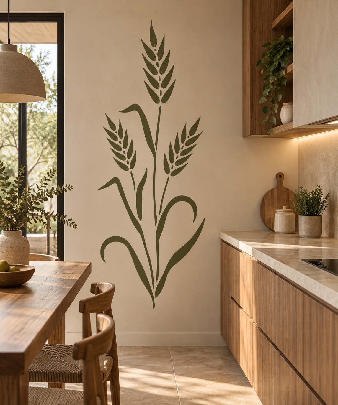 Wheat wall stencil in olive green on a warm cream kitchen wall