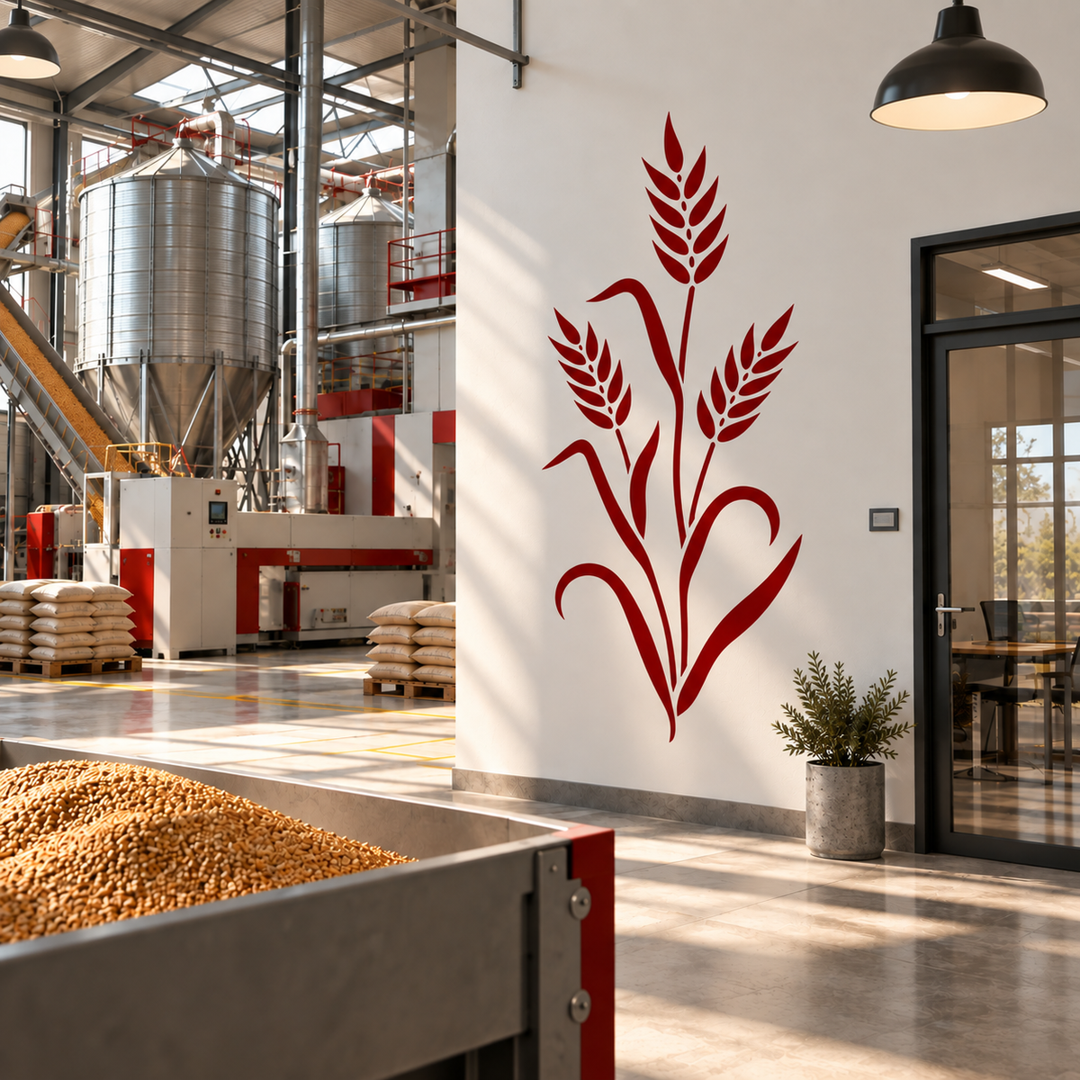 Red wheat wall stencil on a white wall inside a modern grain mill