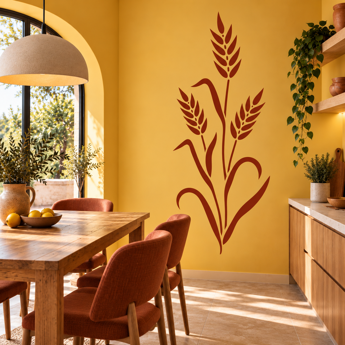 Wheat wall stencil in terracotta on a mustard yellow dining room wall