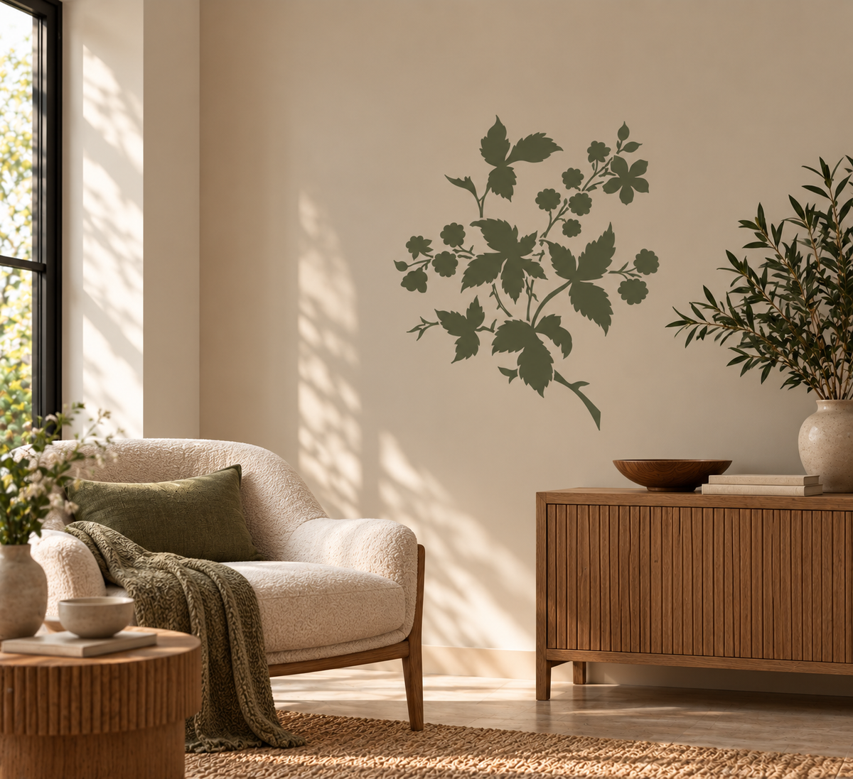 Wild berry branch wall stencil in olive green featuring leaves, flowers and berries on a warm neutral living room wall