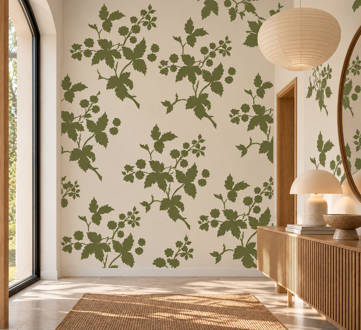 Wild berry branch wall stencil in olive green repeated as a botanical pattern across a warm neutral entryway wall