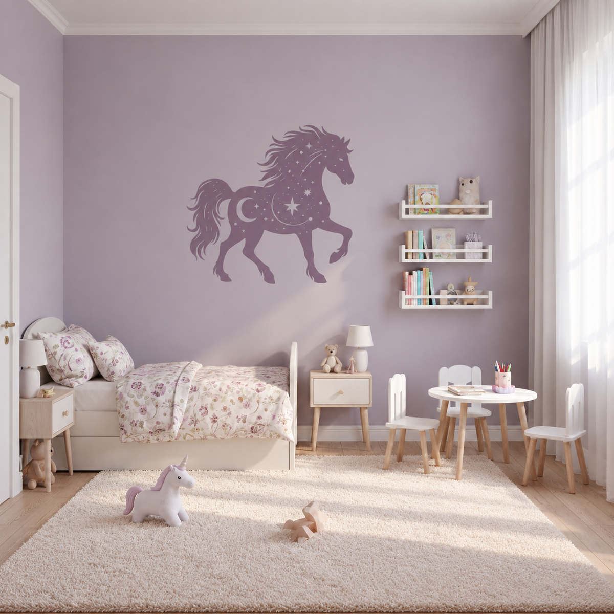 Celestial wild horse stencil with moon and star details on a soft lavender wall in a bright girls bedroom and play space.