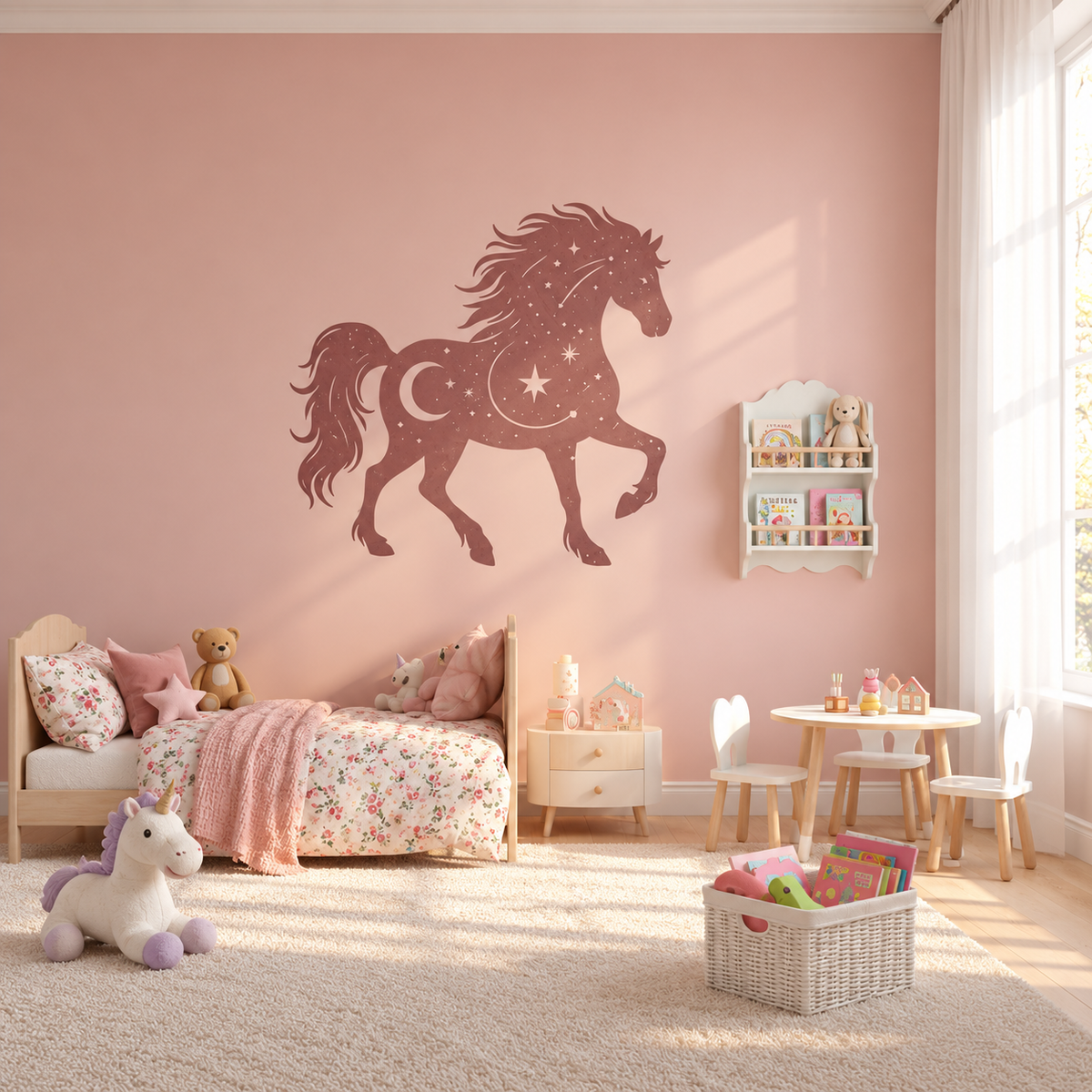 Large wild horse stencil with crescent moon, stars, and celestial details on a blush pink wall in a cheerful kids bedroom and playroom.