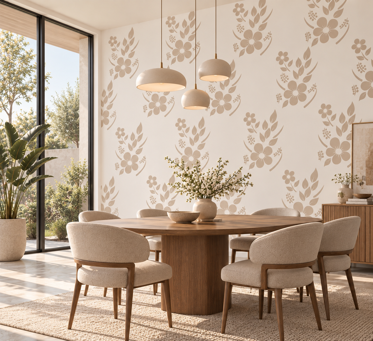 Wildflower Botanical Stencil in warm beige repeated across a cream dining room accent wall.