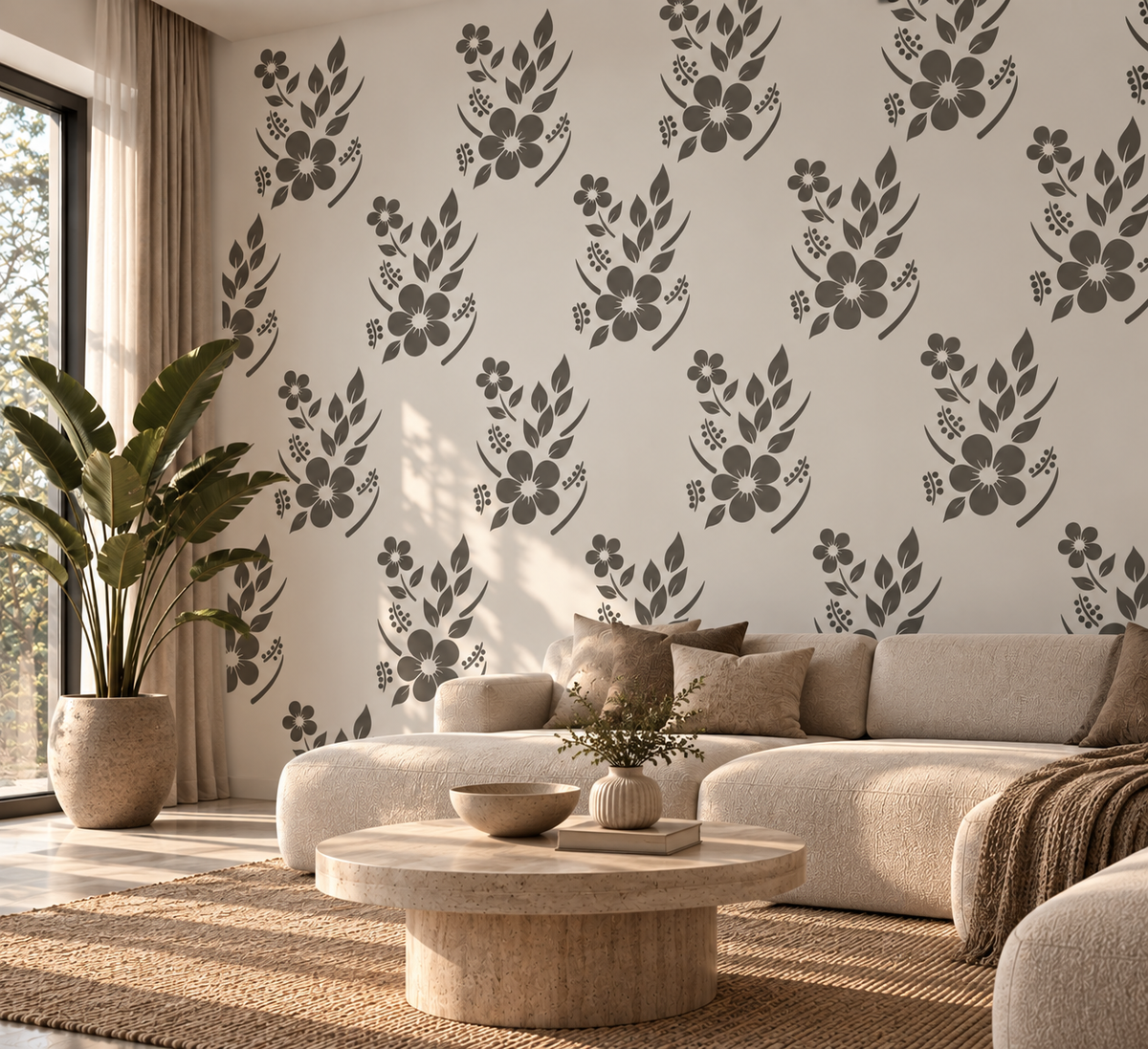 Wildflower Botanical Stencil in charcoal gray repeated across a cream accent wall in a modern living room.
