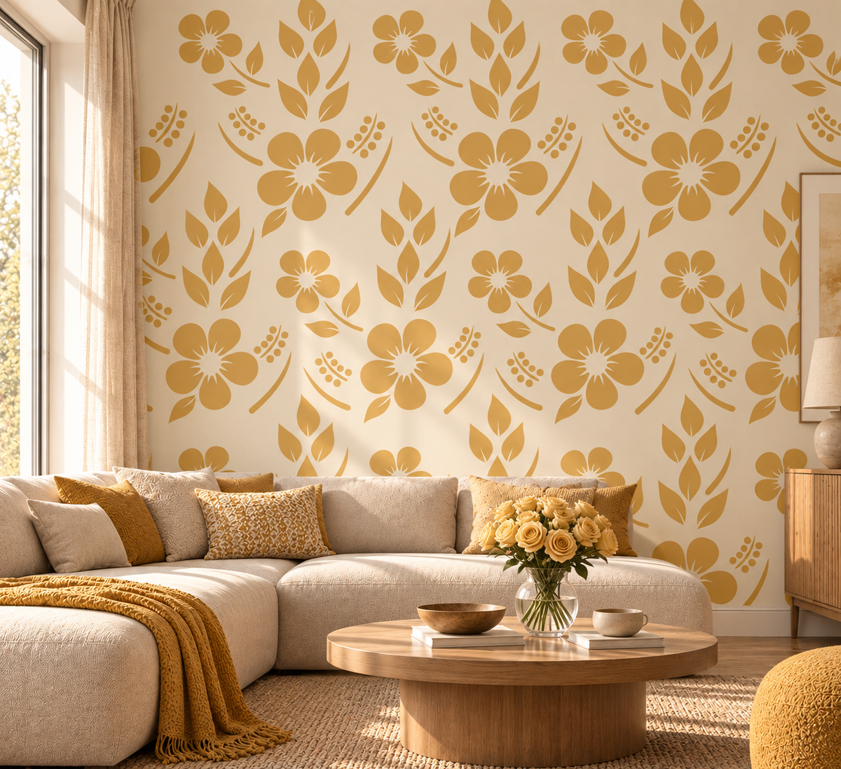 Wildflower Botanical Stencil in mustard yellow repeated across a cream feature wall in a bright modern living room.
