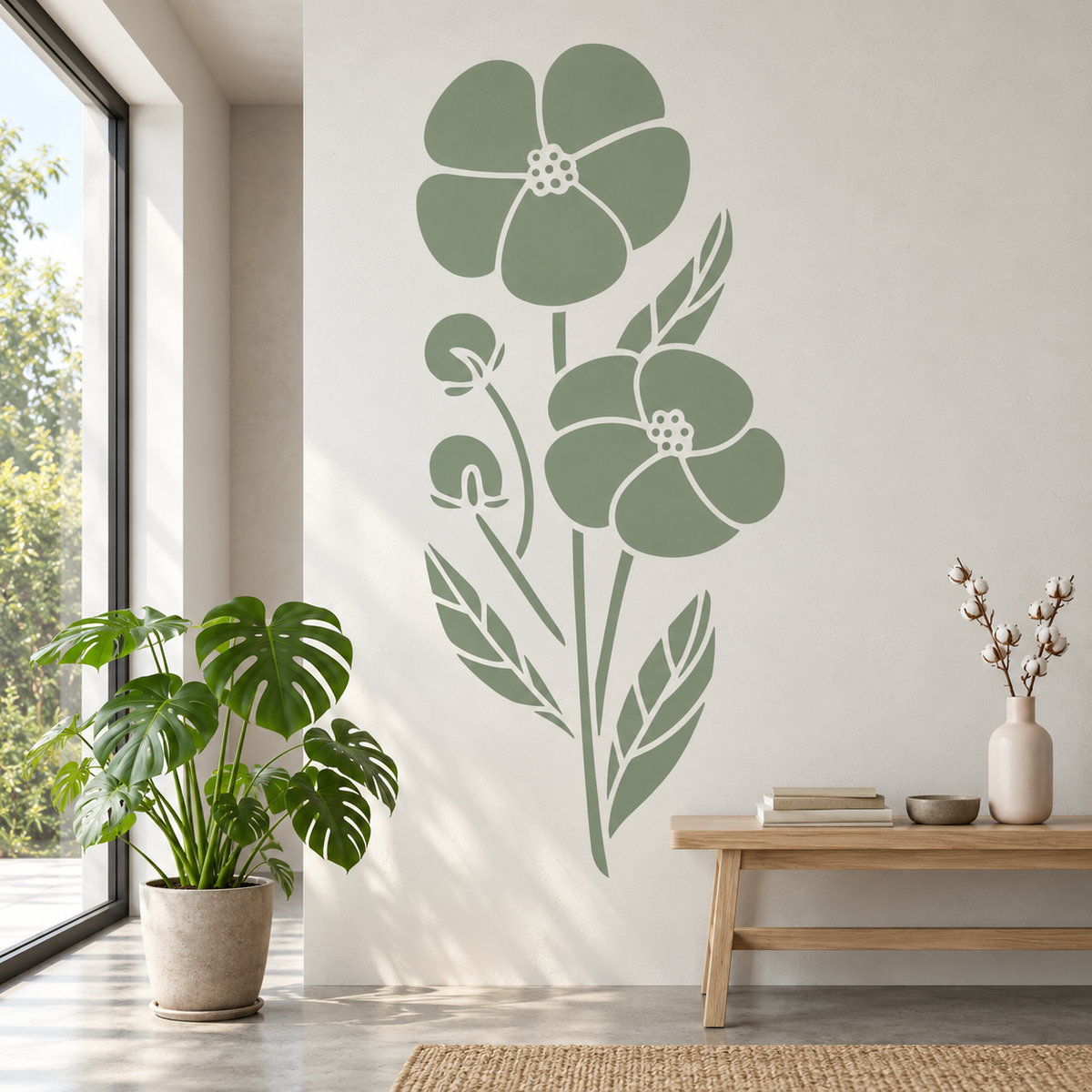 Wildflower Trio Stencil in sage green painted as an oversized botanical floral wall accent in a bright modern interior.