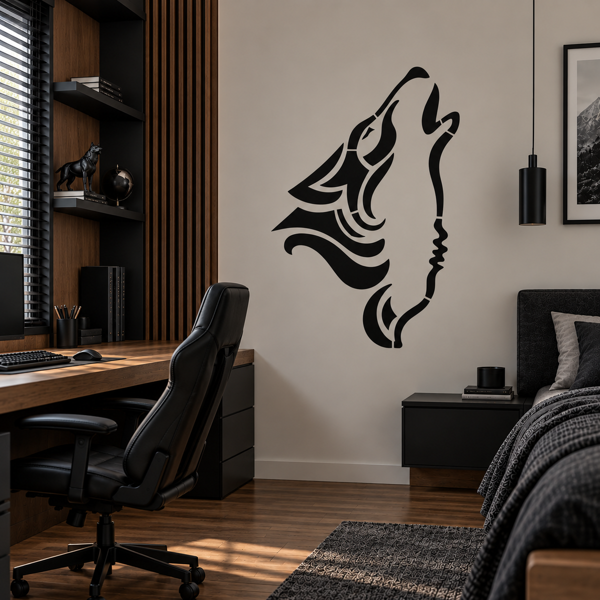Black Wolf Head Stencil used as wall decor in a modern bedroom and workspace