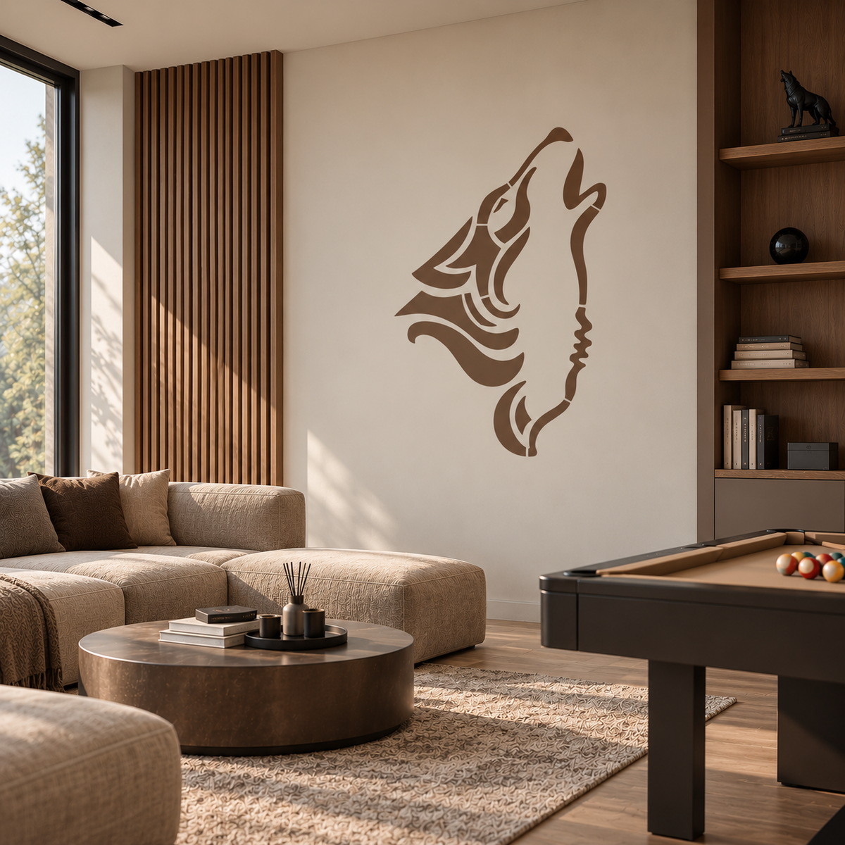 Wolf Head Stencil wall decor in a modern game room with pool table