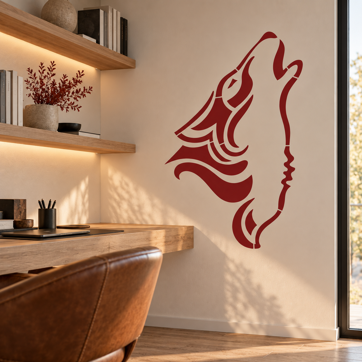 Wolf Head Stencil painted in red on a modern home office wall