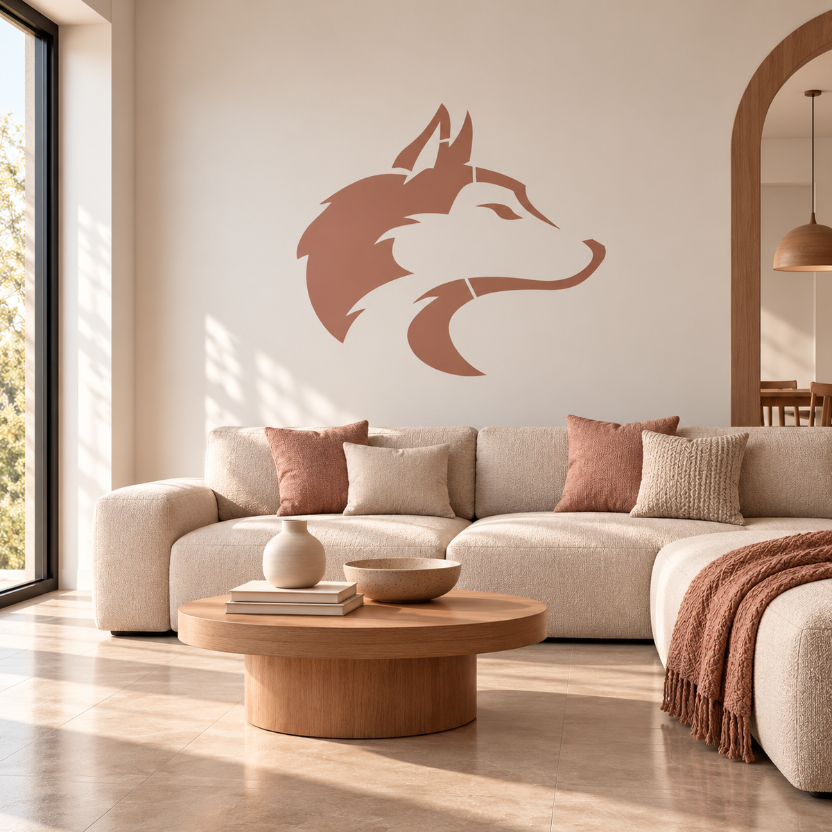 Wolf Head Stencil in a bright modern living room with warm neutral decor