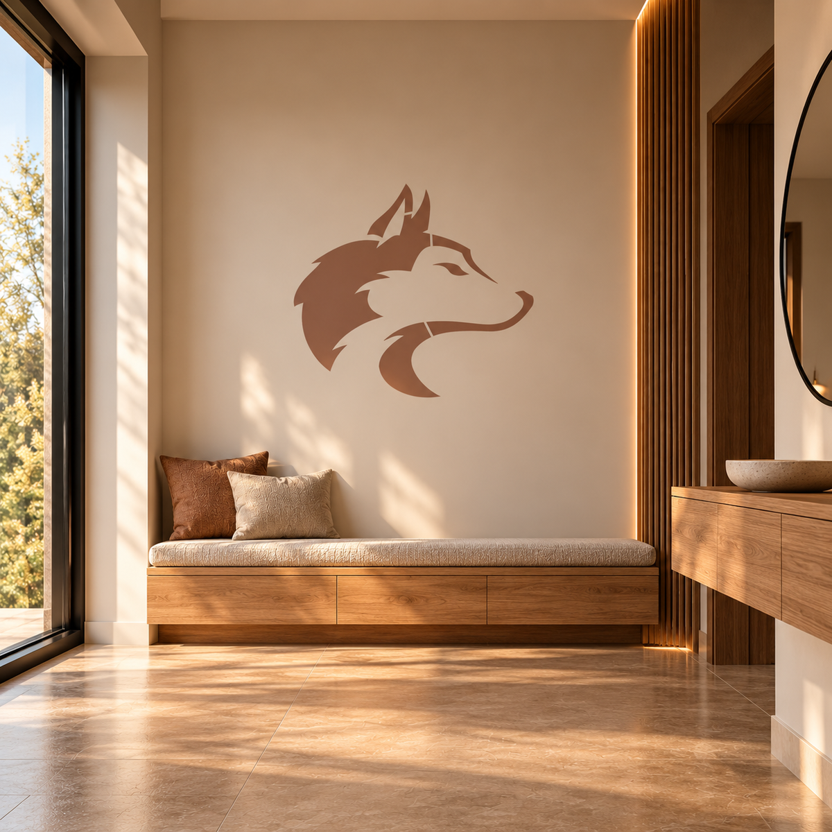 Wolf Head Stencil in a warm modern entryway with natural wood furniture