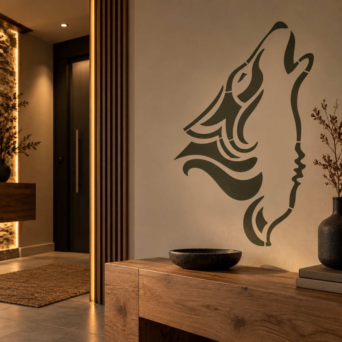 Wolf Head Stencil painted in dark green on a modern entryway wall