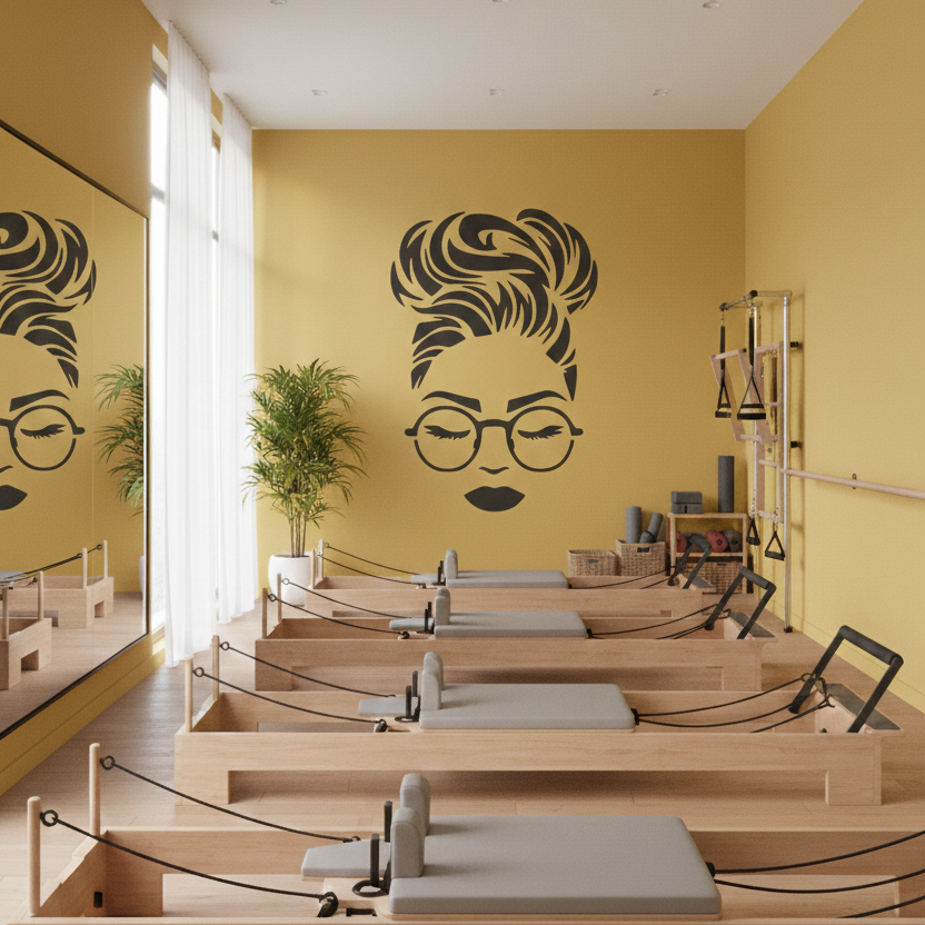Black Woman Face Stencil featuring a woman with a messy bun and round glasses on a mustard yellow wall in a Pilates studio.