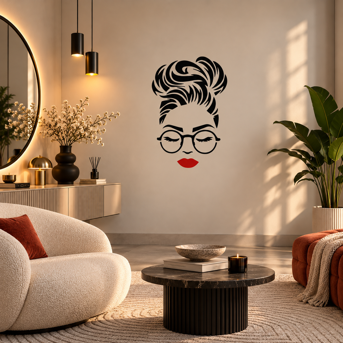 Black Woman Face Stencil with a messy bun, round glasses and red lips on a warm beige wall in a modern living room.