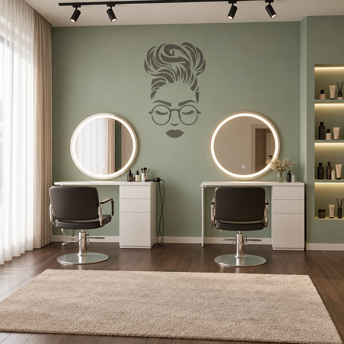 Gray Woman Face Stencil with a messy bun and glasses on a sage green wall between two illuminated mirrors in a modern beauty salon.