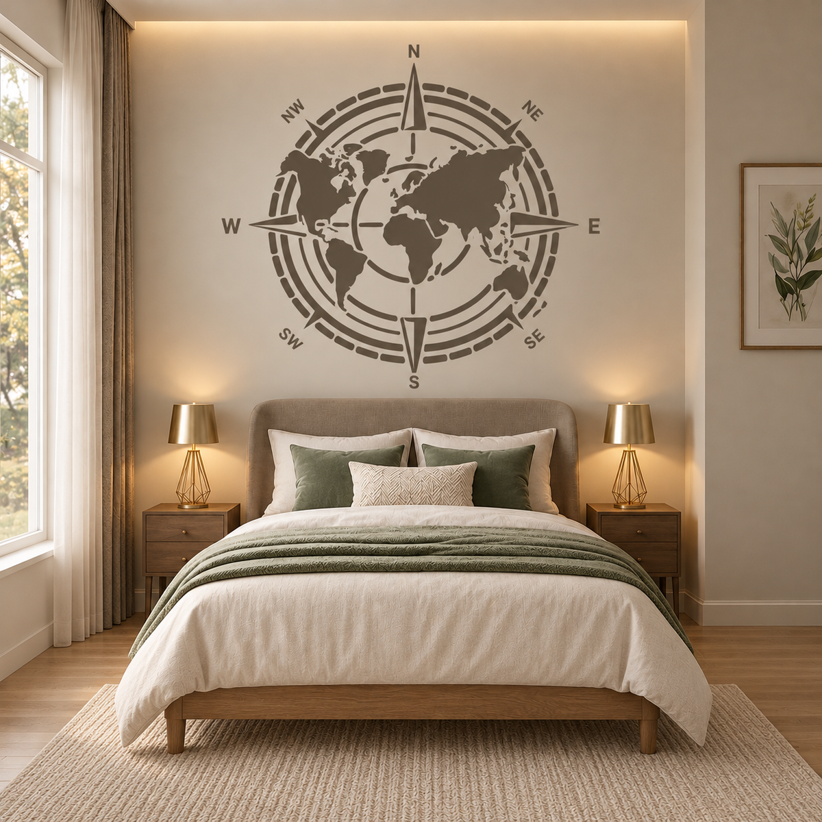 World Map Compass Stencil in warm gray above a bed with green accents in a cozy modern bedroom.