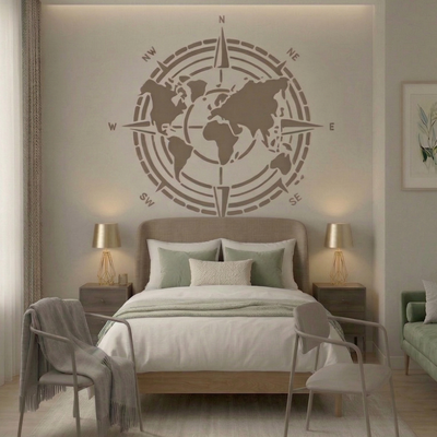 Compass Rose World Map Stencil – Nautical Wall Design
