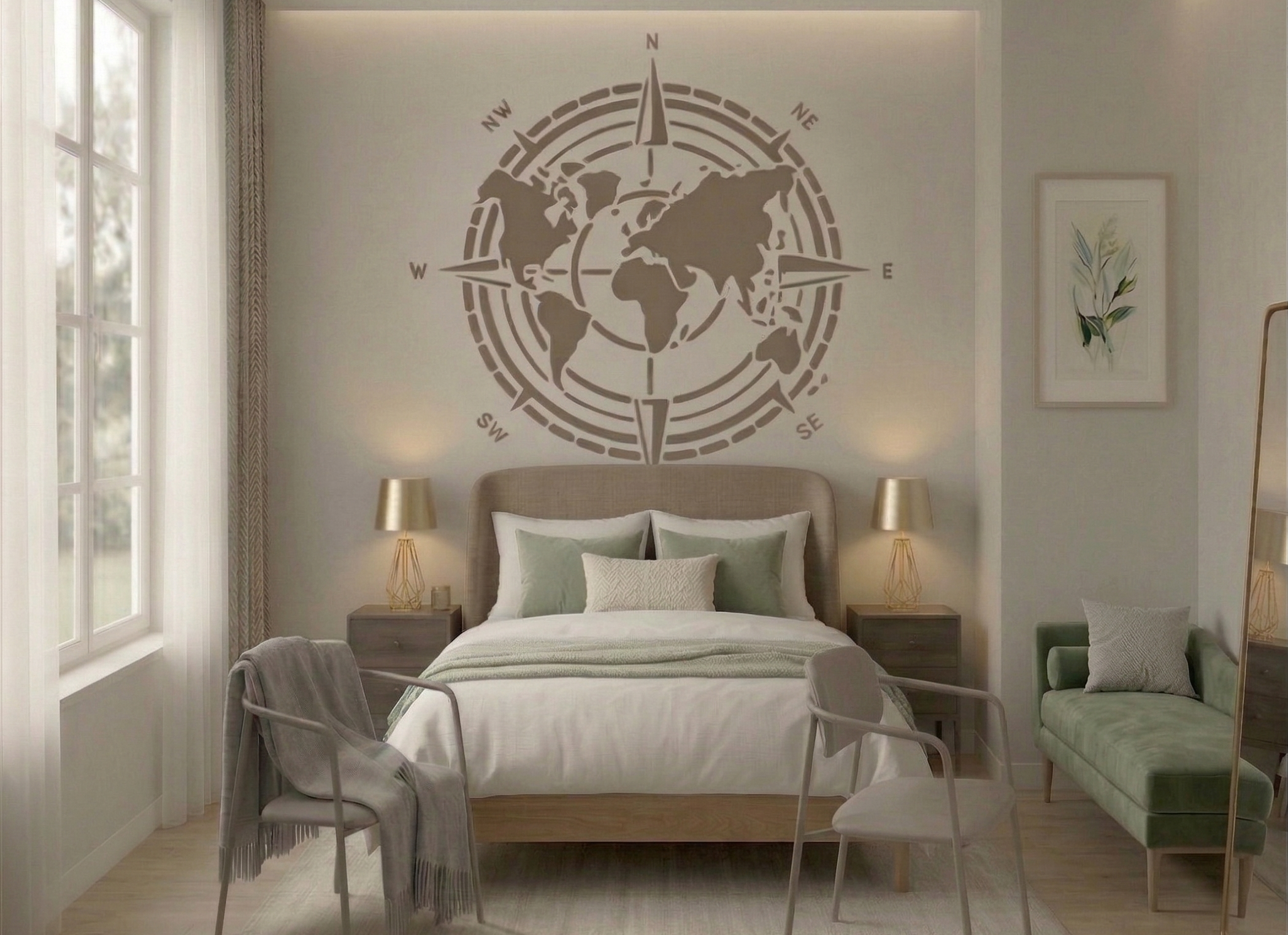 Stencil de Mapa Mundi com Rosa dos Ventos – Design Náutico para Parede