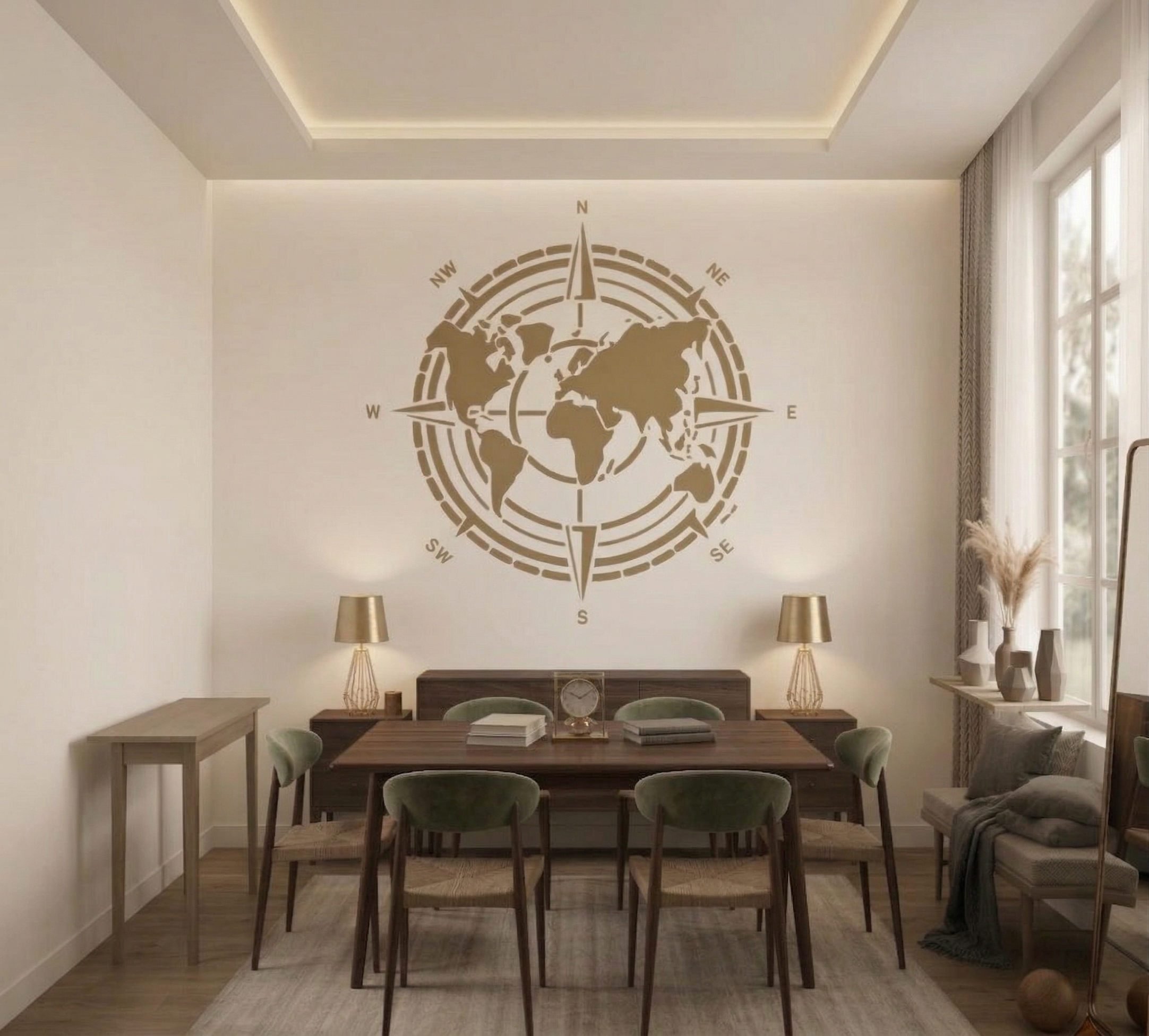 Compass Rose World Map Stencil – Nautical Wall Design - Image 2