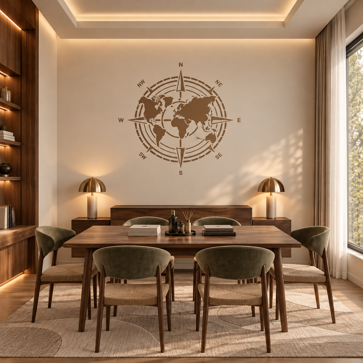 World map and compass stencil in earthy brown on a cream dining room wall above a wooden table with olive green chairs.